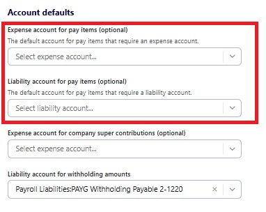 Default accounts for pay items in payroll settings in Reckon One