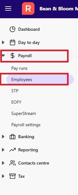 Payroll menu in Reckon One, with Employees selected
