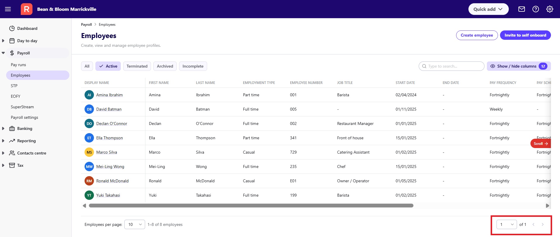 Pagination dropdown on the employee list in Reckon One