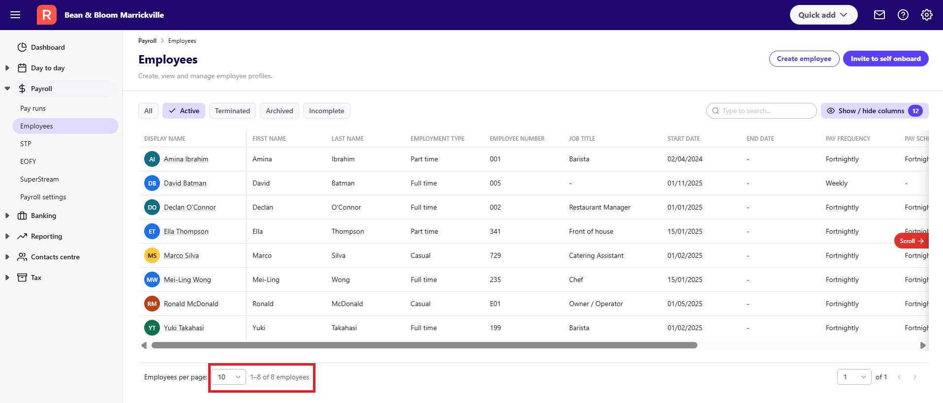 Number of employees per page dropdown on employee list in Reckon One