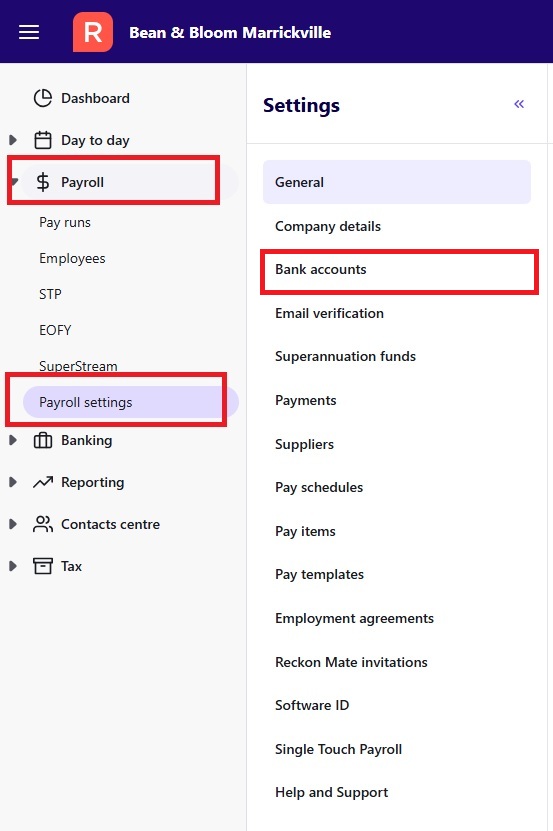 Bank accounts menu in the Payroll settings of Reckon One