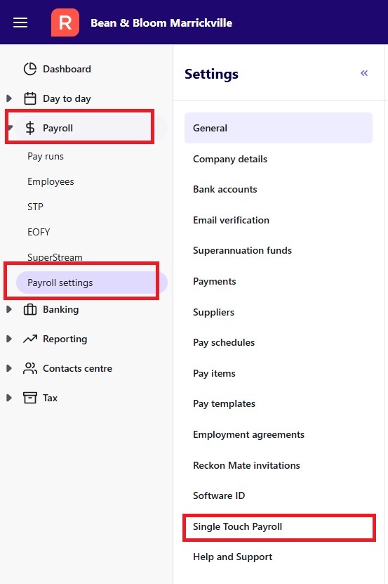 Single touch payroll in the Payroll settings menu in Reckon One