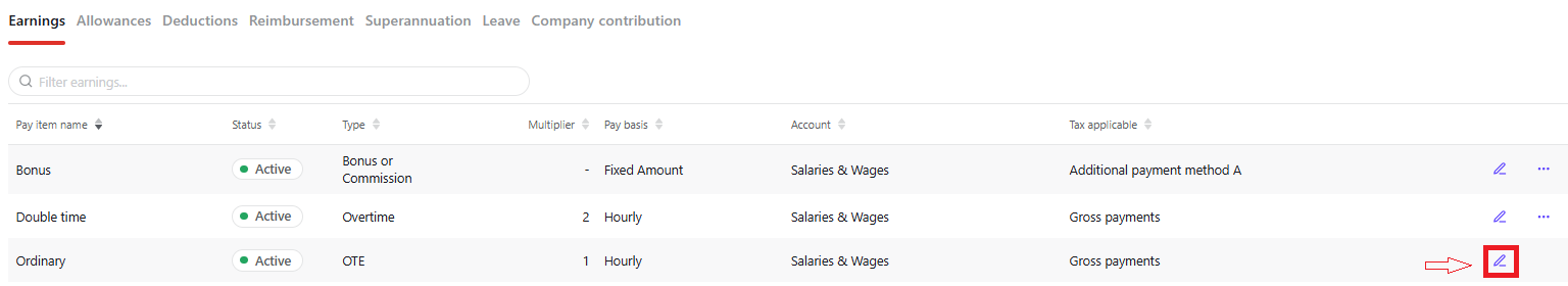 Image showing pencil icon to the right of an earnings pay item.