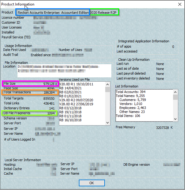 Reckon Accounts Product Information screen