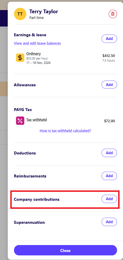 Edit employee pay drawer with Add button shown next to Company contribution