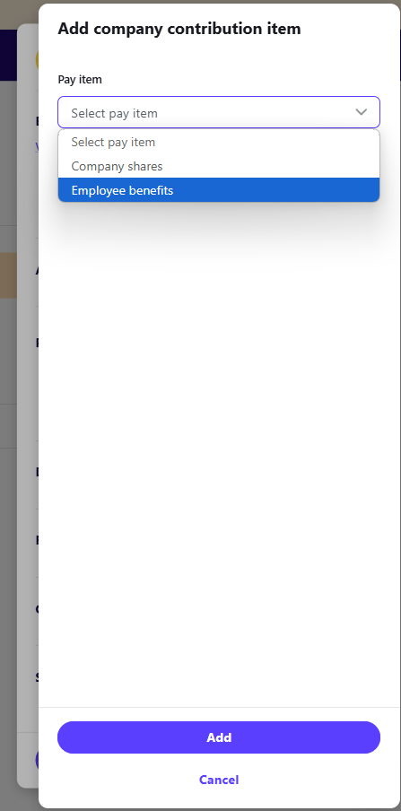 Add company contribution drawer showing a selection being made from the Pay item drop down list.