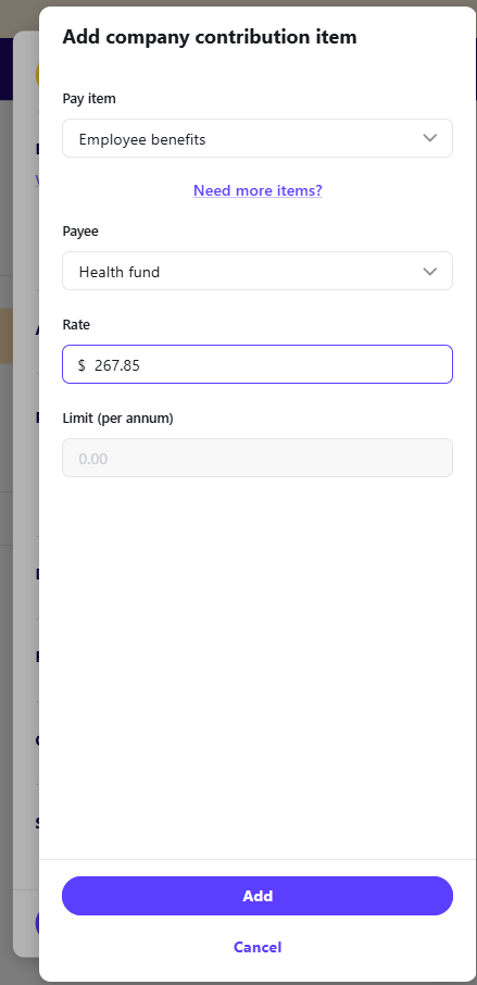 Add company contribution drawer with pay item and payee selected and Rate field being populated.