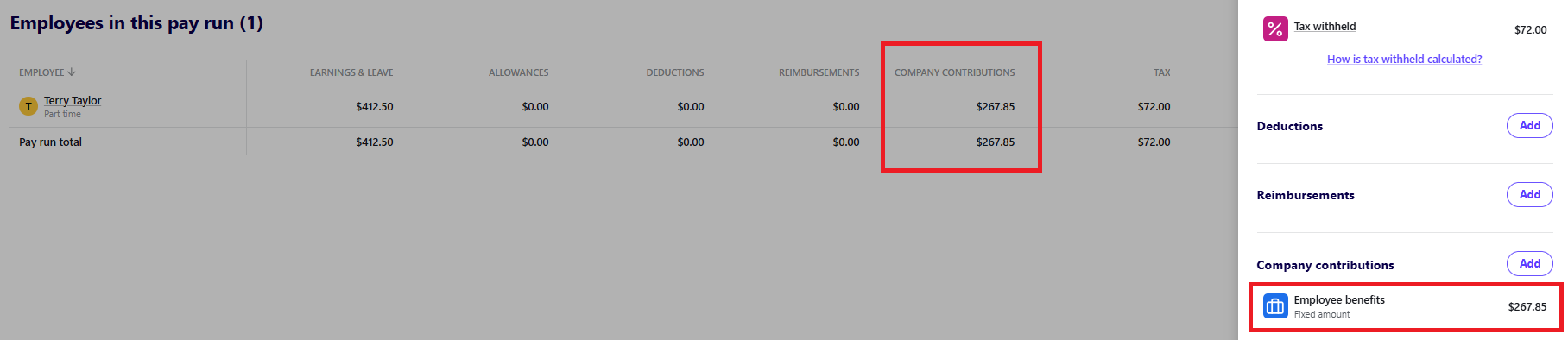 Pay runs screen with edit employee drawer open, both showing Company contribution added.