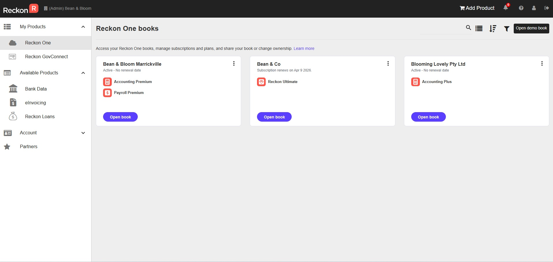 Reckon One area of the Reckon Customer Portal