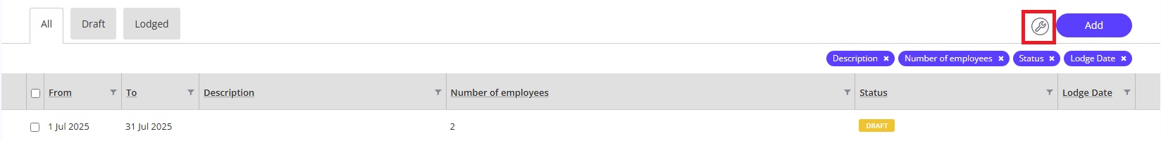 SuperStream screen in Reckon One, showing spanner icon that allows you to customise the columns showing in the batch list.
