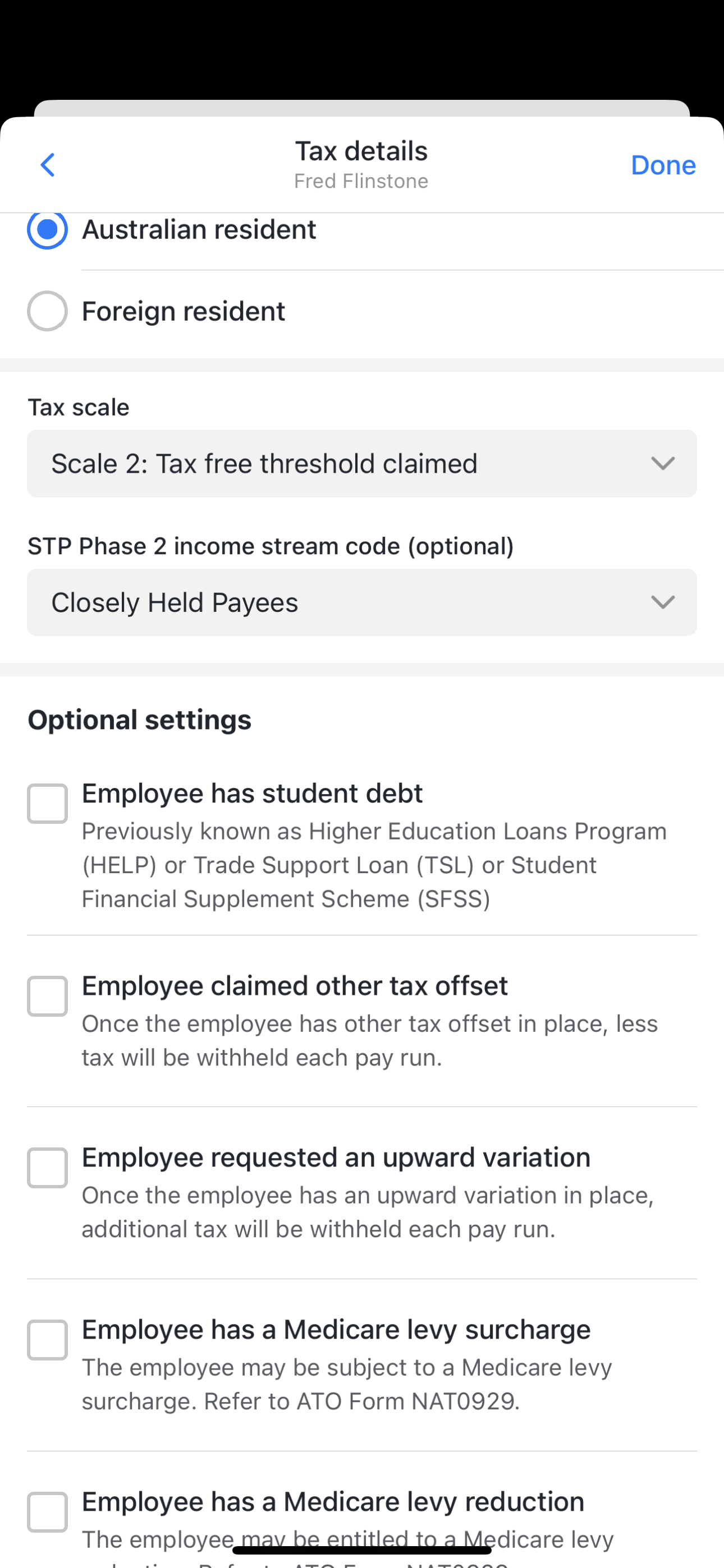 STP Phase 2 income stream code selected