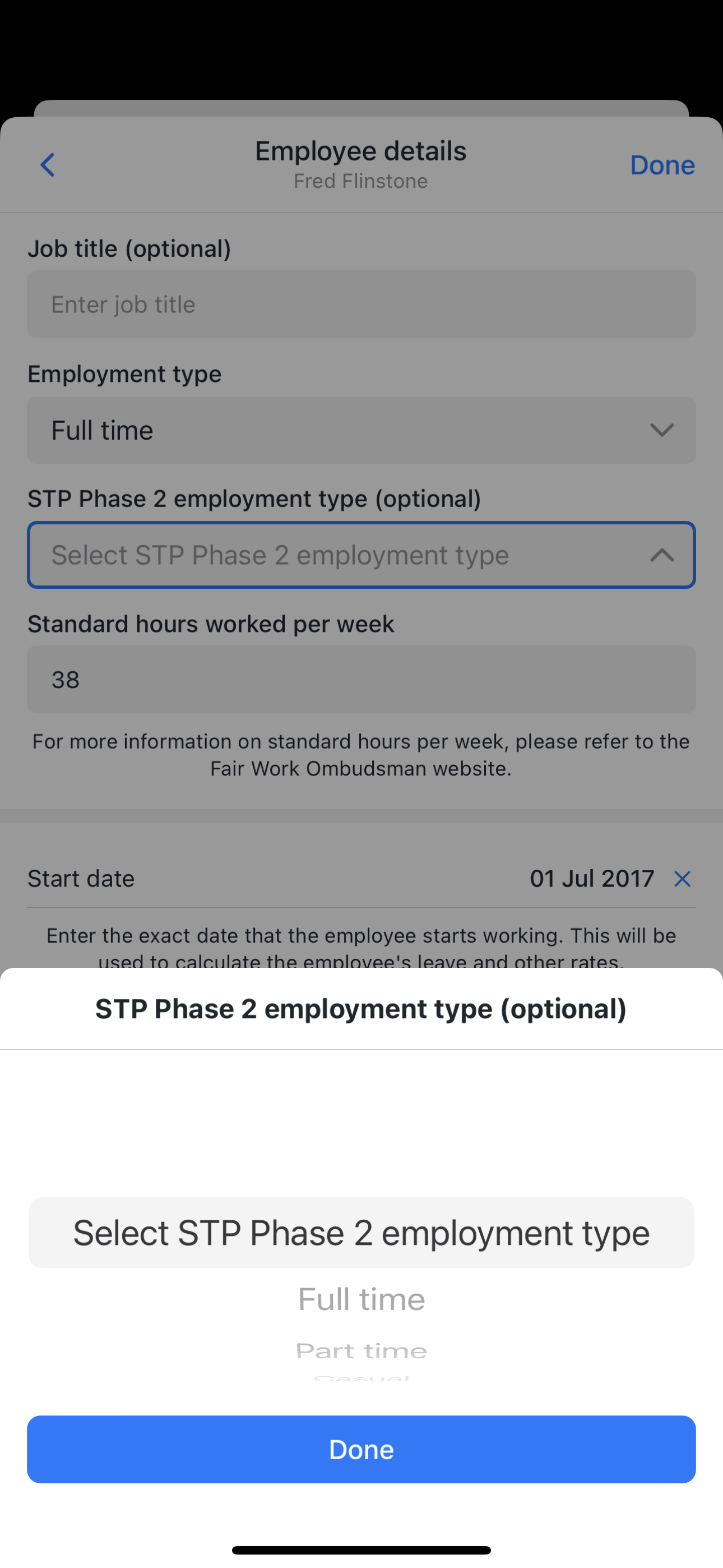 STP Phase 2 employment type (optional)