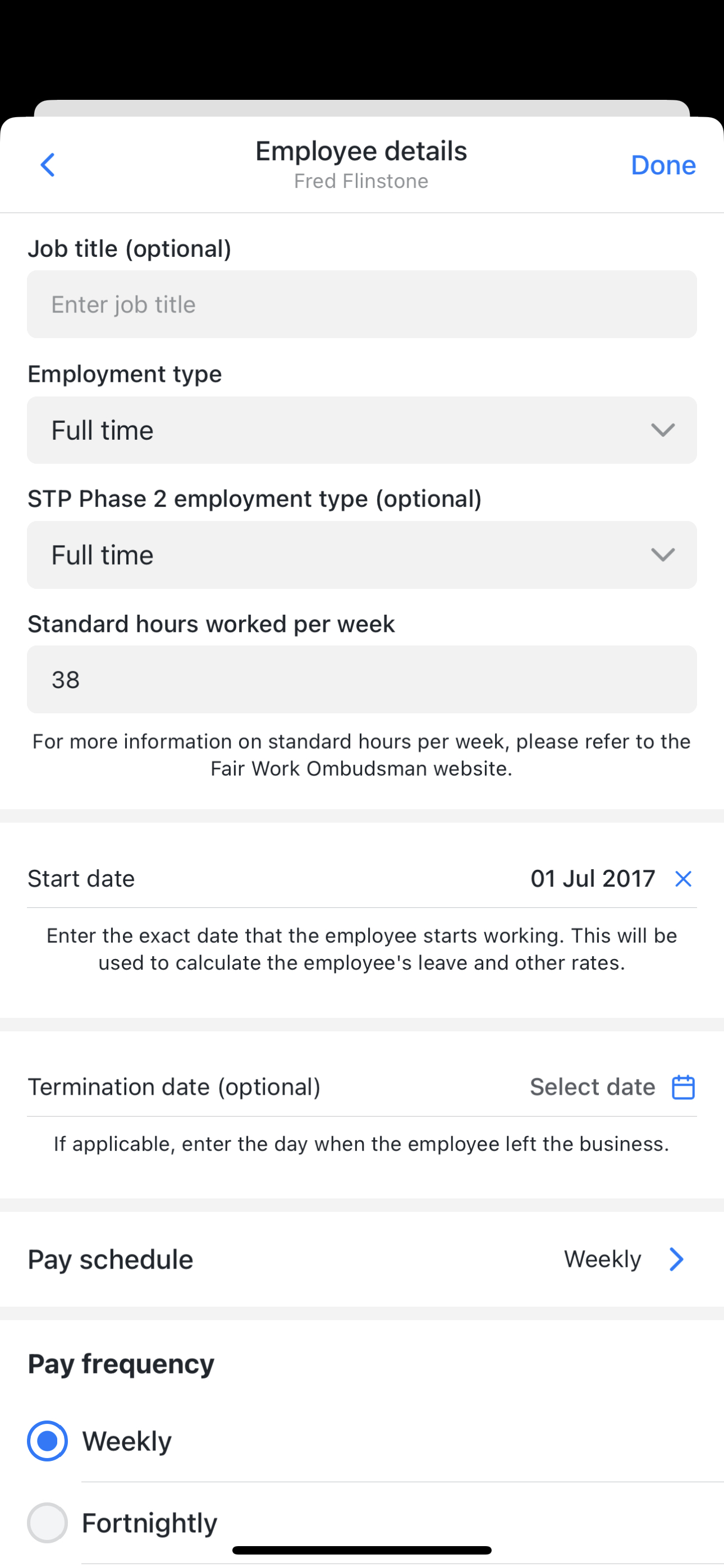 STP Phase 2 employment type (optional) selected