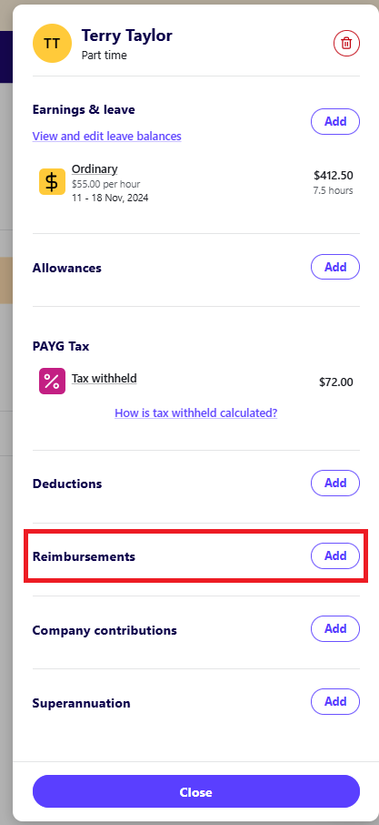 Edit employee pay drawer showing Add button next to Reimbursements.