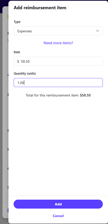 Add reimbursement item drawer with pay item selected and rate and quantity fields being completed.