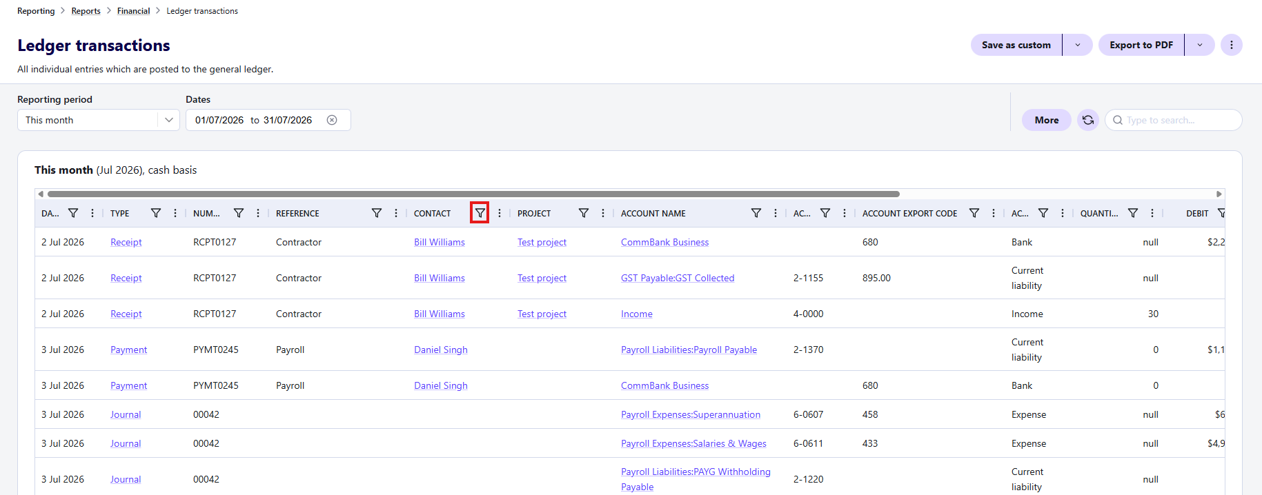 Example column filter enabled