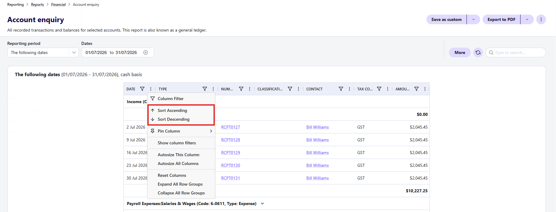 Example of column sorting options highlighted