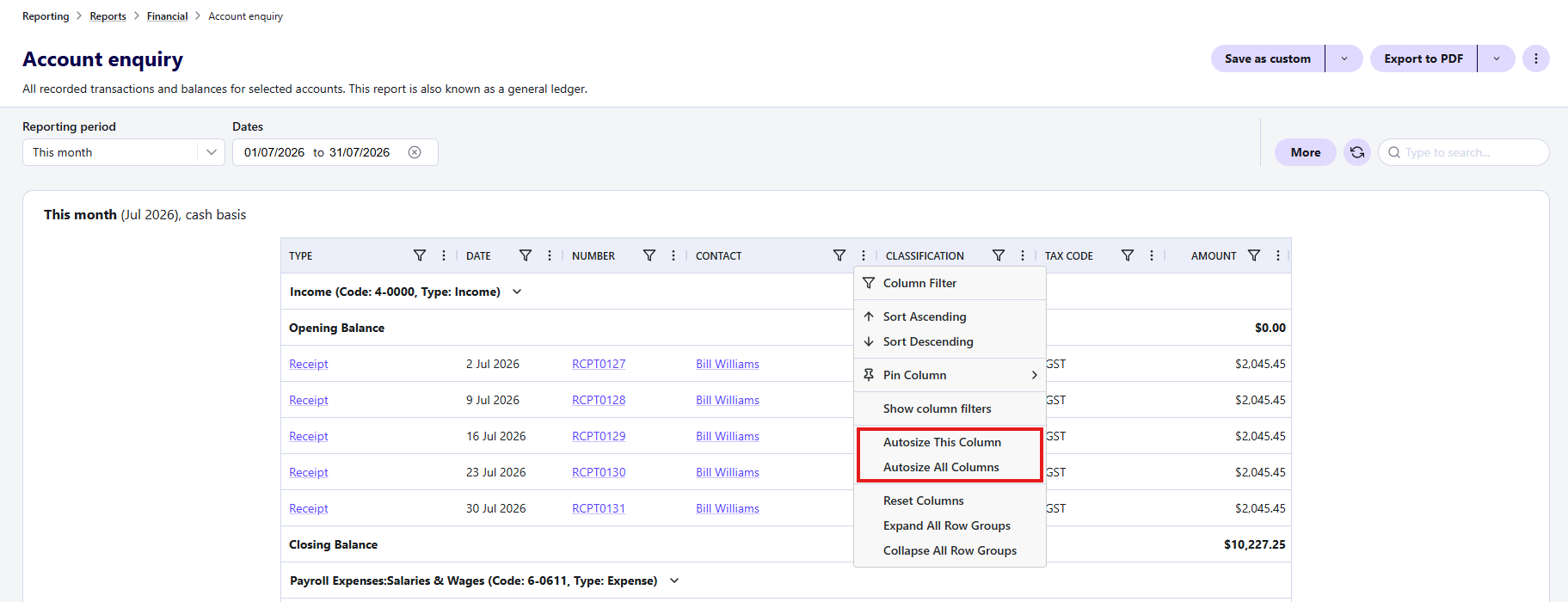 Resize column buttons highlighted