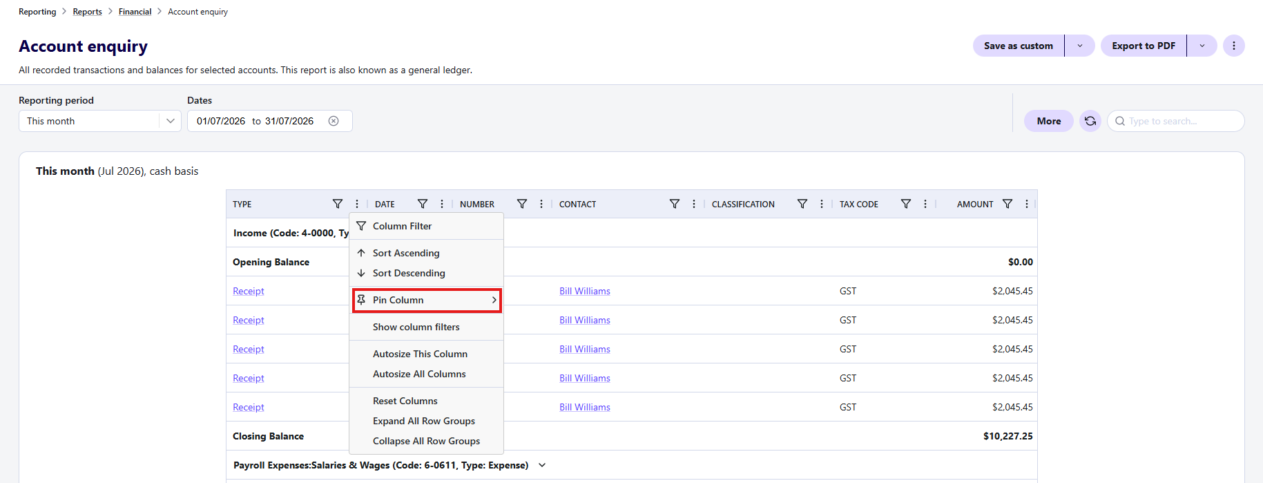 Pin columns example highlighted