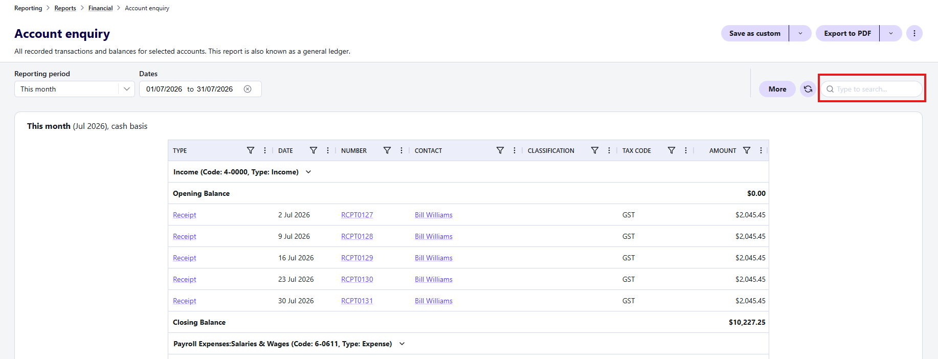 Report search input box highlighted
