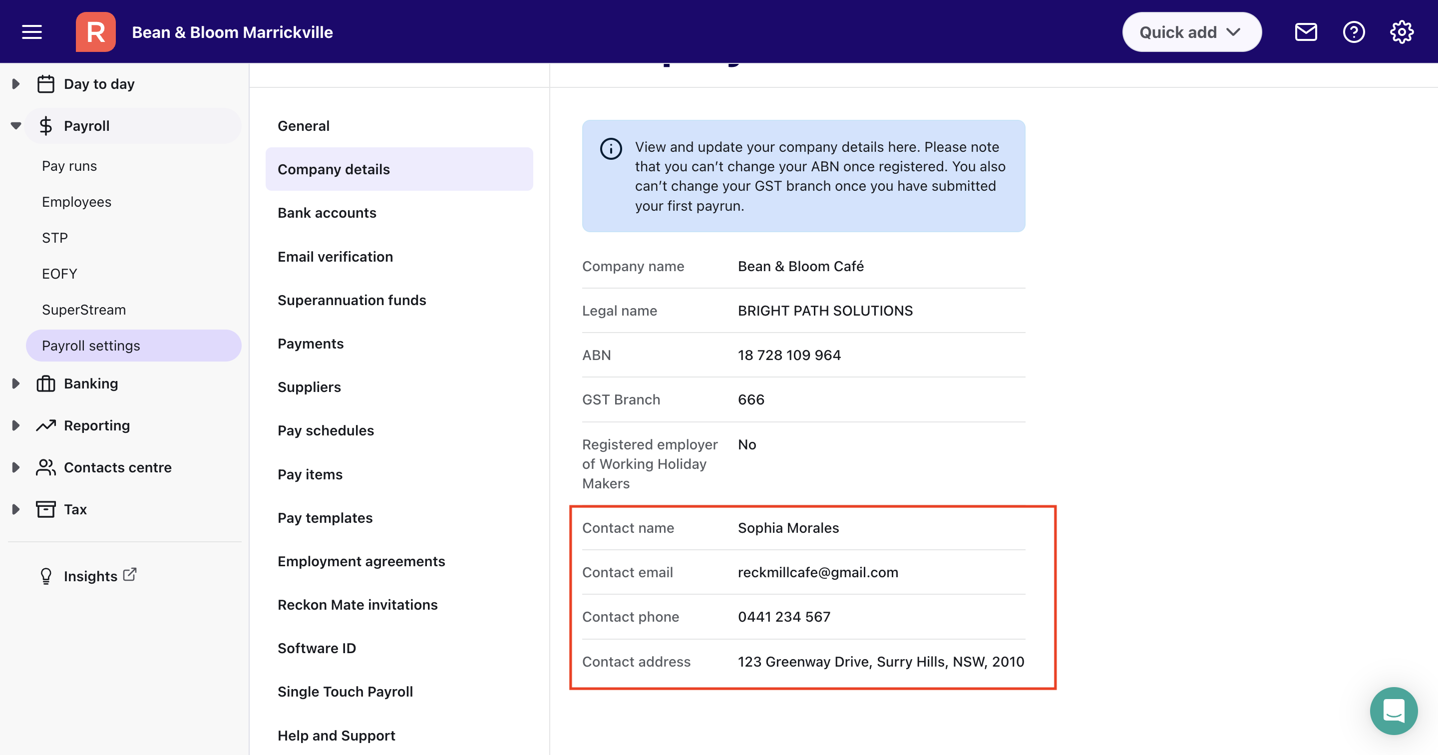 Company details tab under Payroll settings page