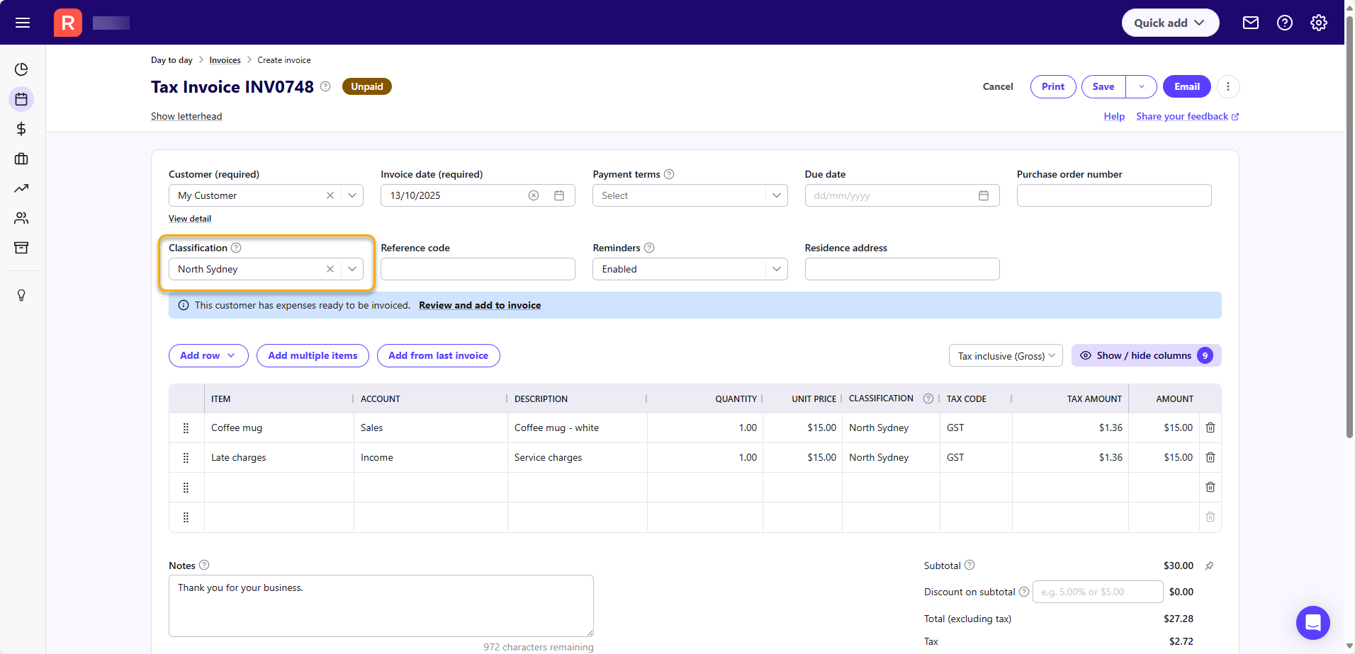 Transaction classification field on an invoice screen