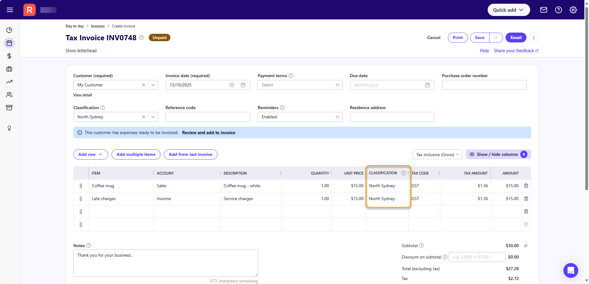 Line item classification field on an invoice screen