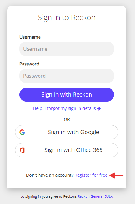 Reckon login screen highlighting the "Register for free" hyperlink
