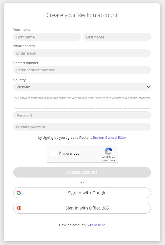 Image of the create account form for Reckon