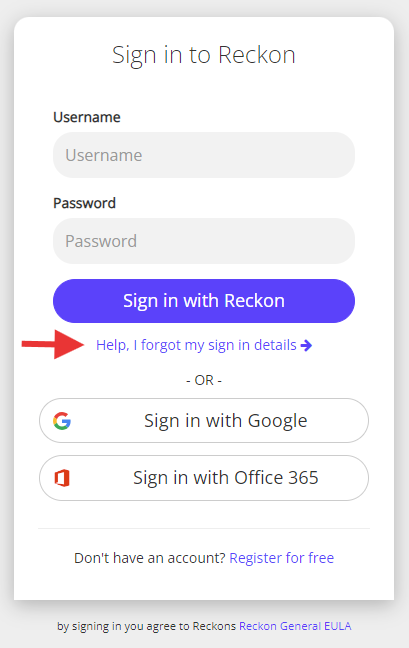 Image of login screen highlighting the "Help, I forgot my sign in details" hyperlink to reset your password