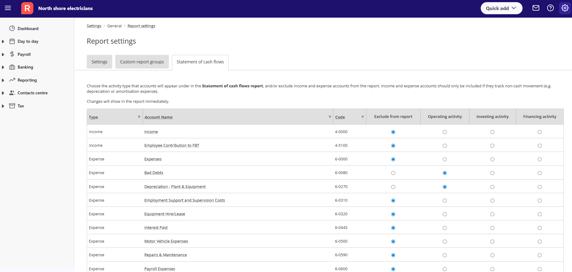 Example of report settings screen for classifying cashflow