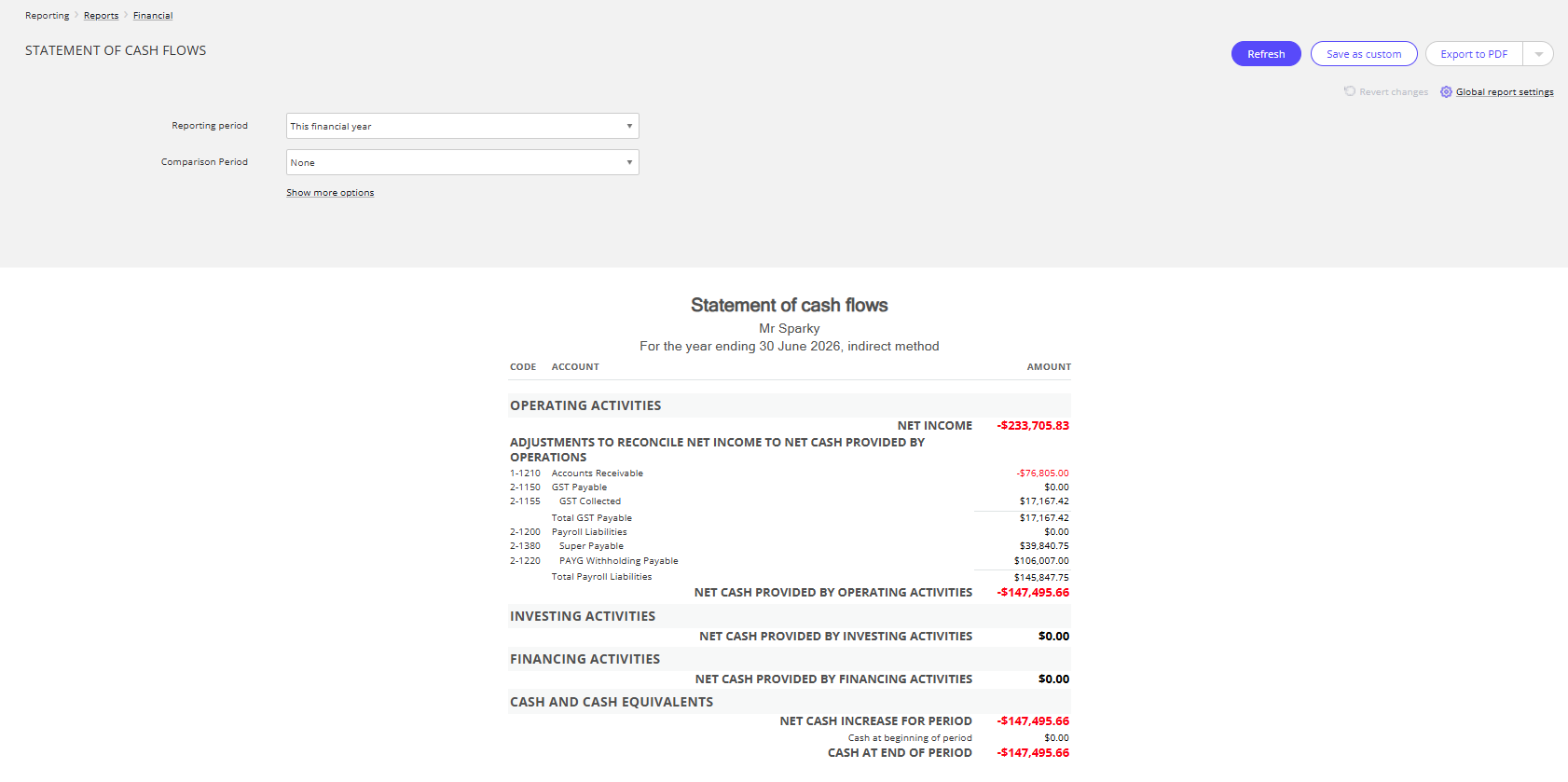 Example of the Statement of Cashflows report