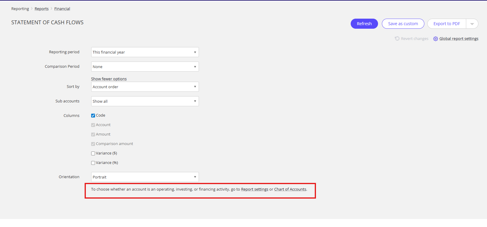 Hyperlinks to edit account classifications
