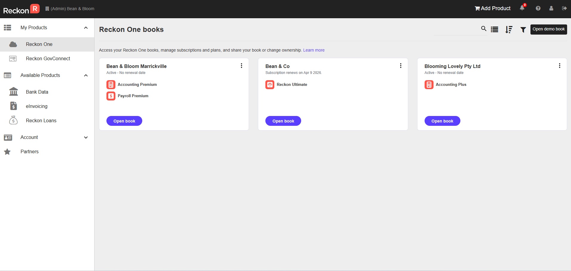 Reckon One area of the Reckon Customer Portal, showing 3 books.