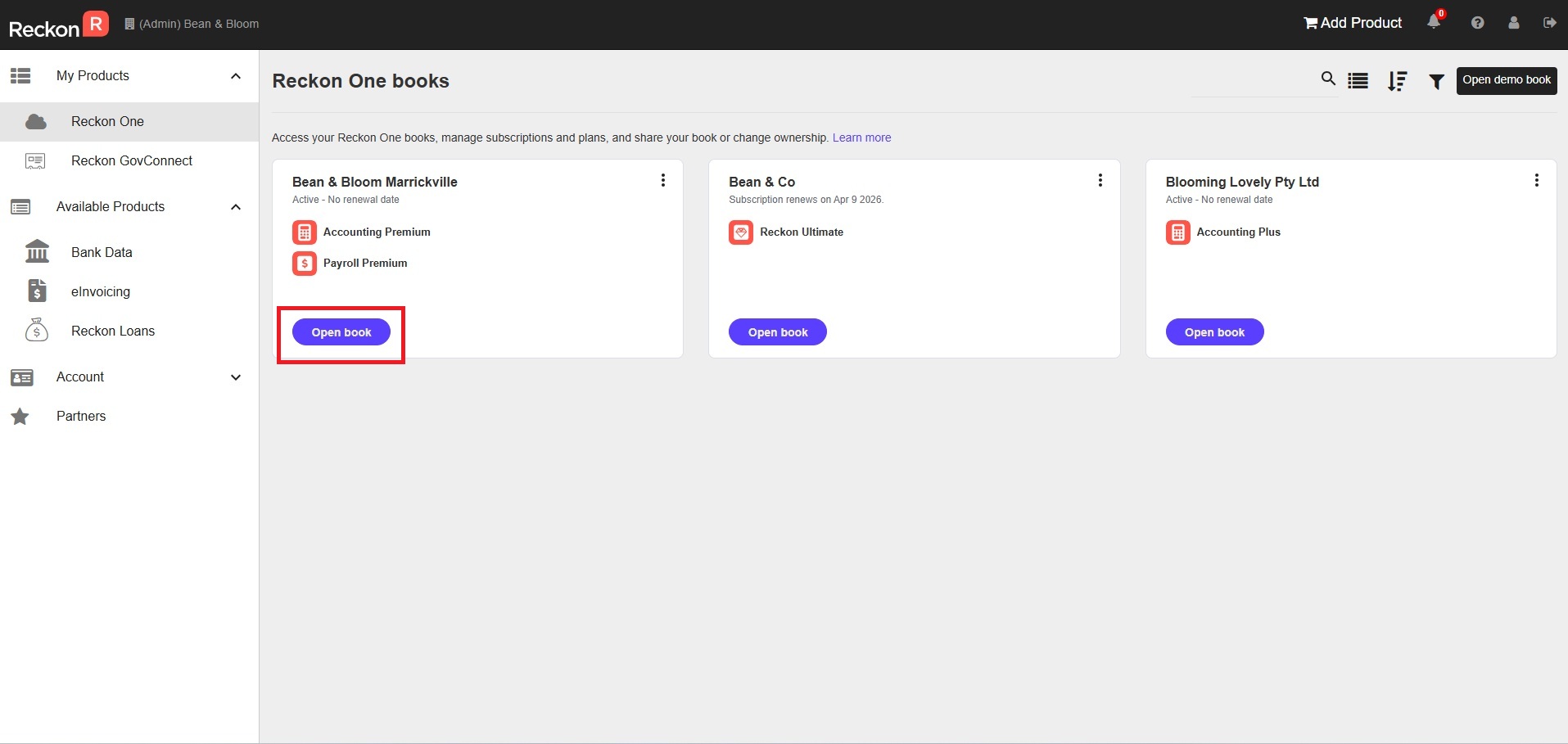 Reckon One area of the Reckon Customer Portal, showing the Open book button on a book.