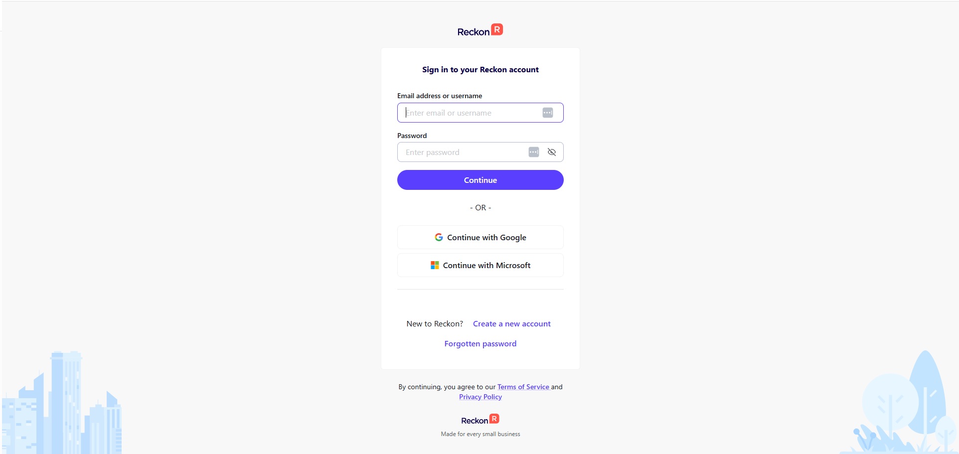 Reckon account log in screen for Reckon One and the Reckon Customer Portal