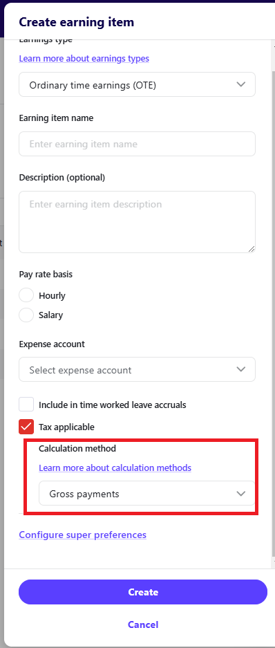 Create pay item drawer, with Calculation method field highlighted.