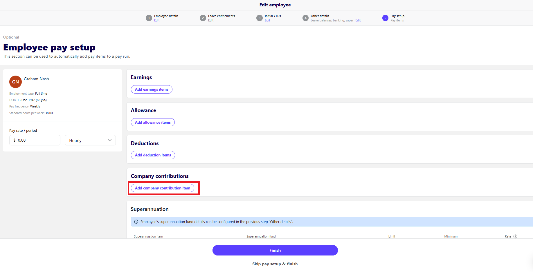 Employee pay setup screen showing Add company contribution item button