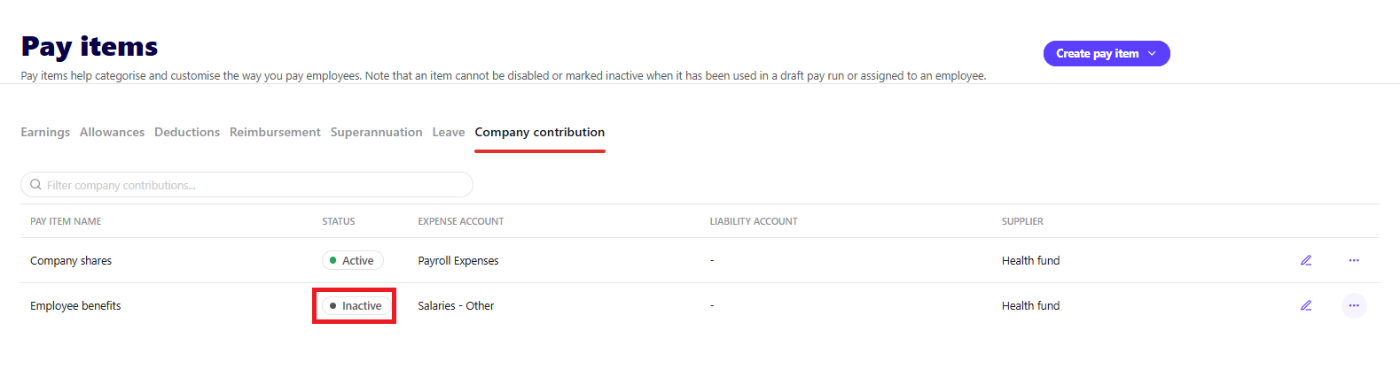 Pay items screen, Company contributions tab, with the status of the disabled pay item as Inactive.