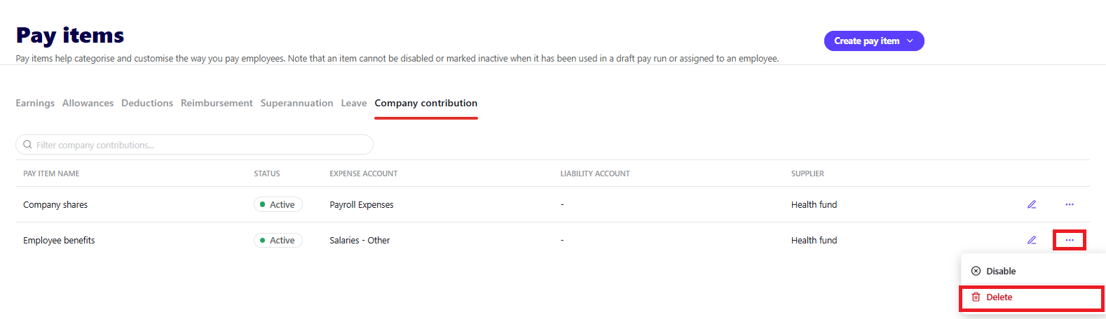 Pay items screen, Company contributions tab with ellipses menu and Delete menu item highlighted on a company contribution pay item.