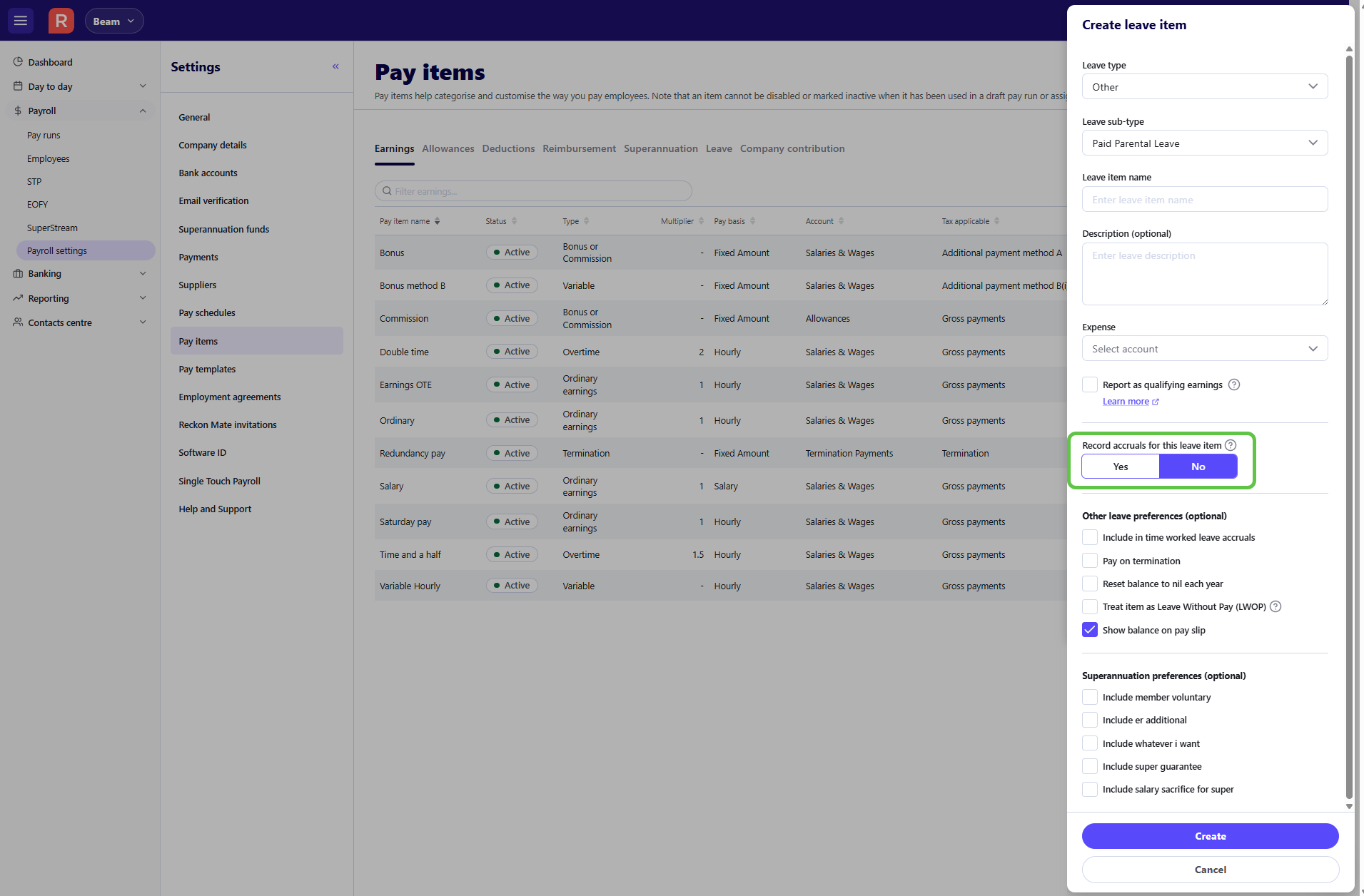 Record accruals for leave item checkbox