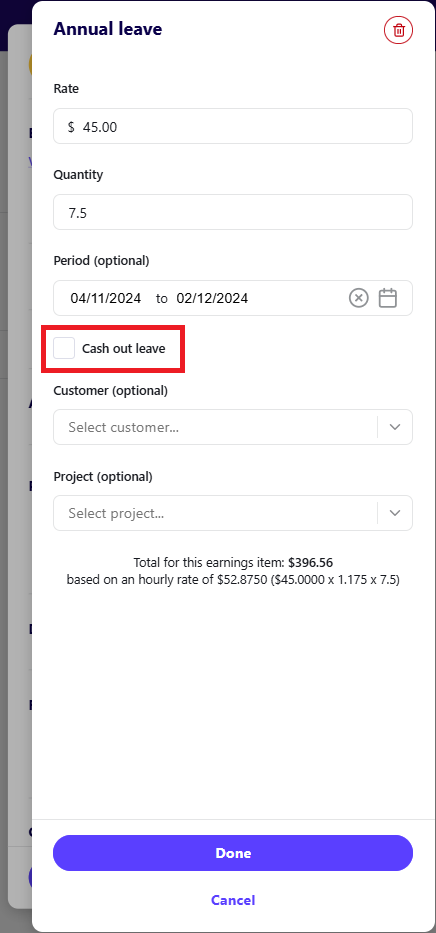 Cash out option in a leave item