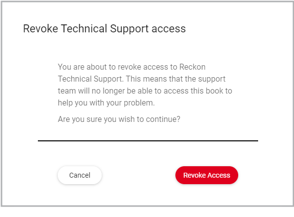 Image of the Revoke Technical Support access screen with a button to Revoke Access or Cancel to close the screen.