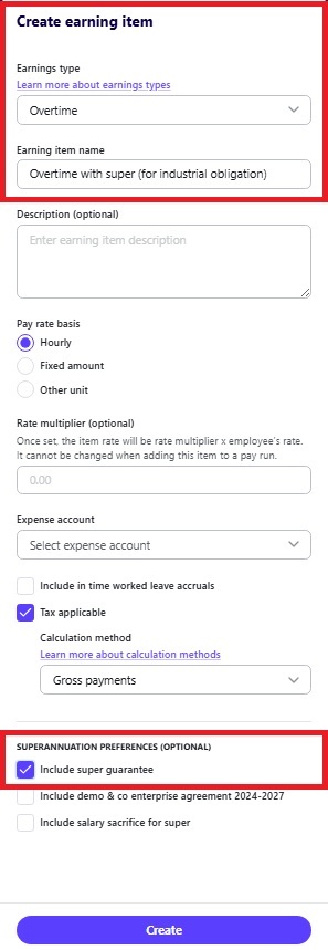 Setting up an overtime earnings item that includes super guarantee