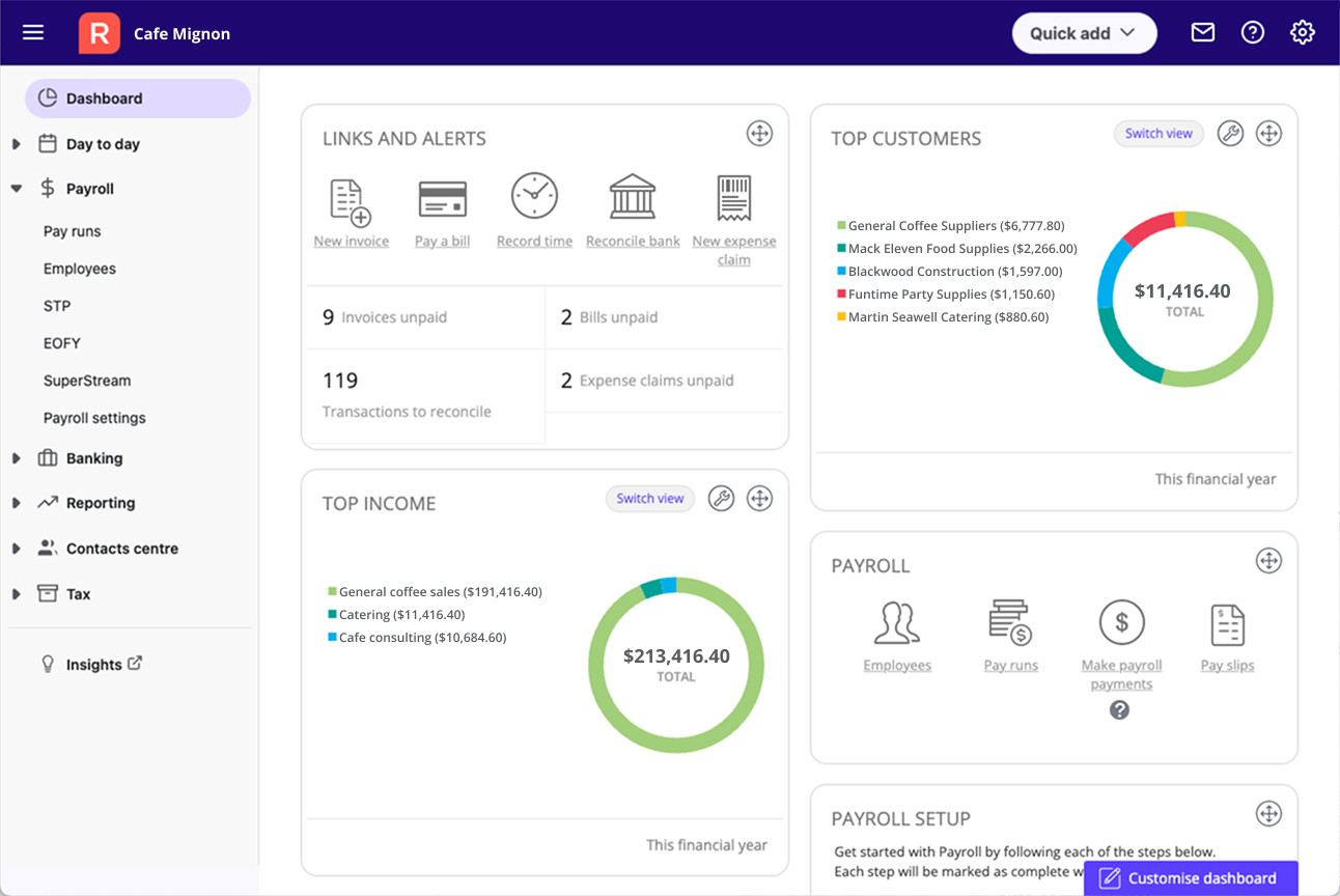 Reckon One dashboard, showing some of the dashboard widgets that are available.