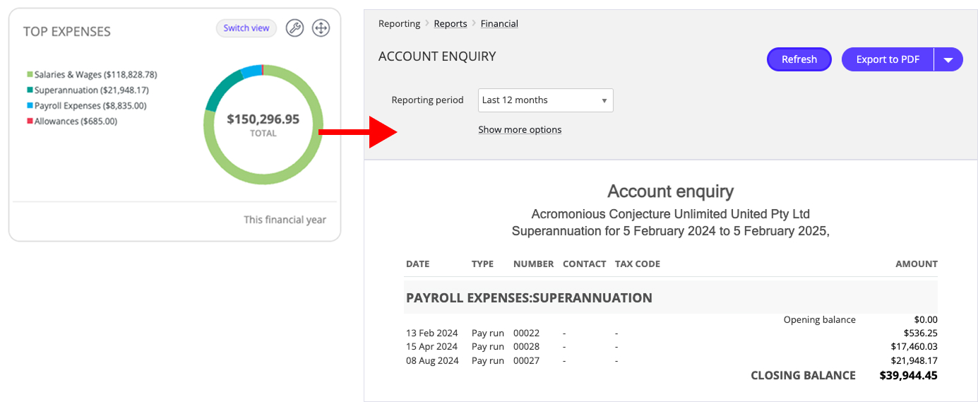 Clicking on graphs in Reckon dashboard widgets open the corresponding report 