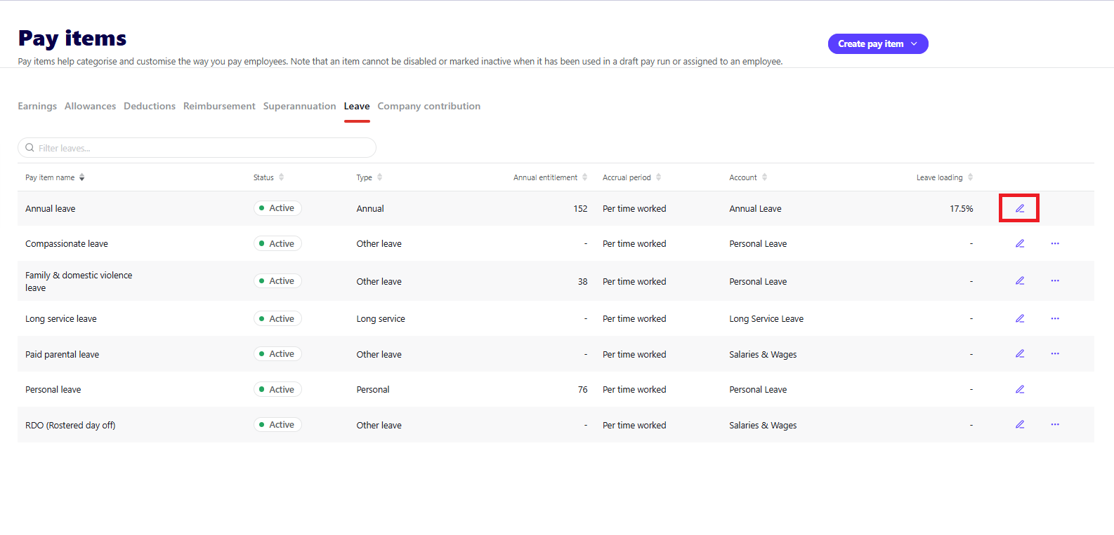 Pay items screen, Leave tab showing the pencil icon to edit a leave item.