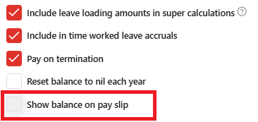 Show other preferences options, with Show balance on pay slip checkbox highlighted.