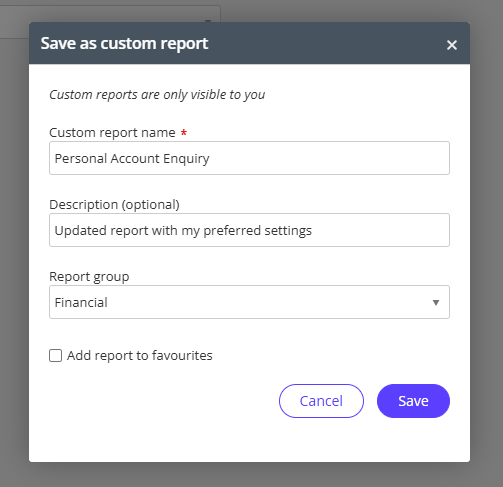 The fields that appear when you save a report as custom in Reckon One.