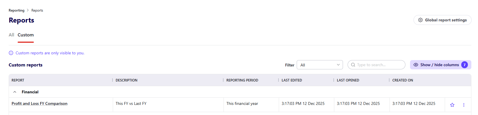 The reports screen in Reckon One, shown with the Custom tab selected.